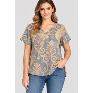 Gabriella T Womens 2X Blue Damask Knit Sweater Top Italy Boho V-Neck
